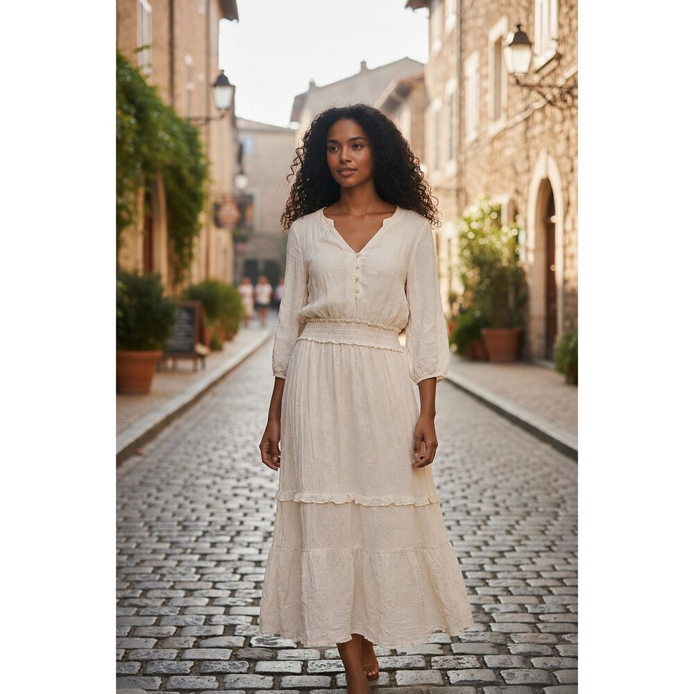 Boho Cottagecore Tiered Maxi Dress Smocked Waist Cream Flowy Peasant Large